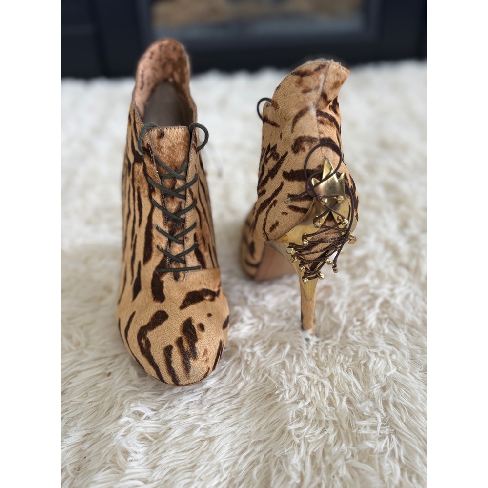 Sam‎ Edelman Leopard Print Pony Hair Lace Up Ankle Booties Gold Detail